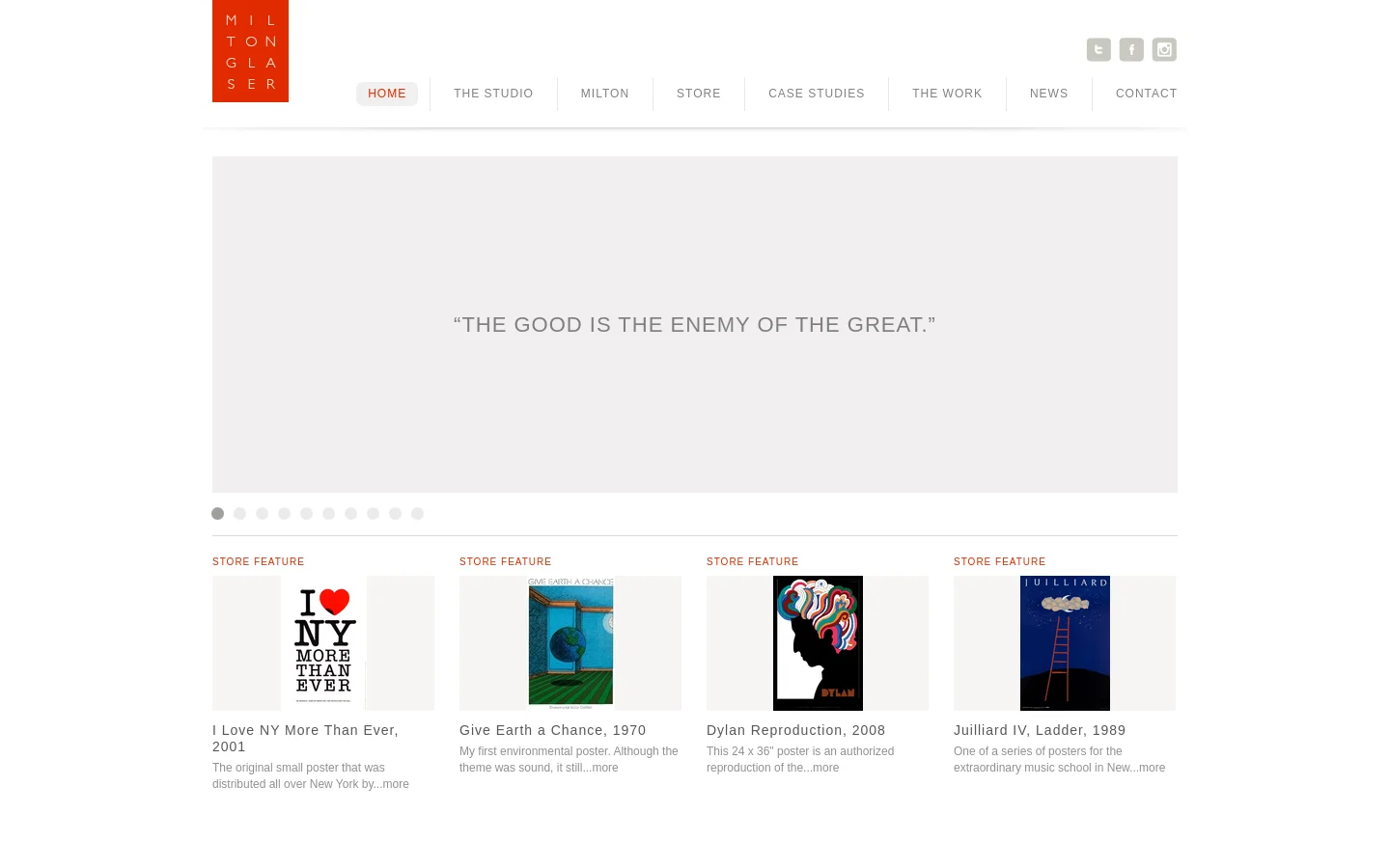 The desktop homepage features a minimalist white layout with a vertical orange logo on the left. A large hero slider displays the quote “THE GOOD IS THE ENEMY OF THE GREAT.” below a horizontal navigation menu, followed by a grid of four 'Store Feature' poster products with titles and descriptions.