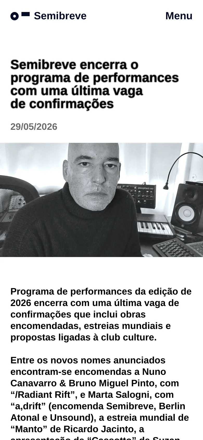 The mobile version displays the same news article with the headline, date, and black-and-white hero image, but the navigation is condensed into a 'Menu' button in the top right corner. The layout is vertically stacked to fit the narrow screen, prioritizing the text content and the large image.