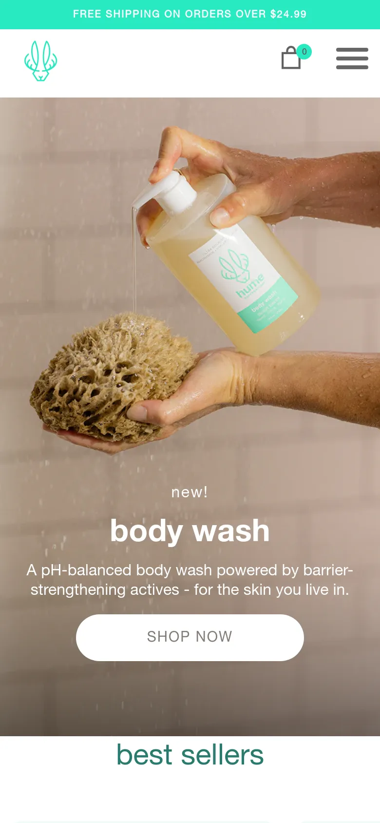 The mobile version presents a vertically stacked layout optimized for small screens, starting with a teal announcement bar and a condensed header with a hamburger menu. The hero section features the same body wash imagery but with centered text and a larger 'SHOP NOW' button for easier tapping. The product grid below scales to a single or double column to maintain visibility on a narrow viewport.