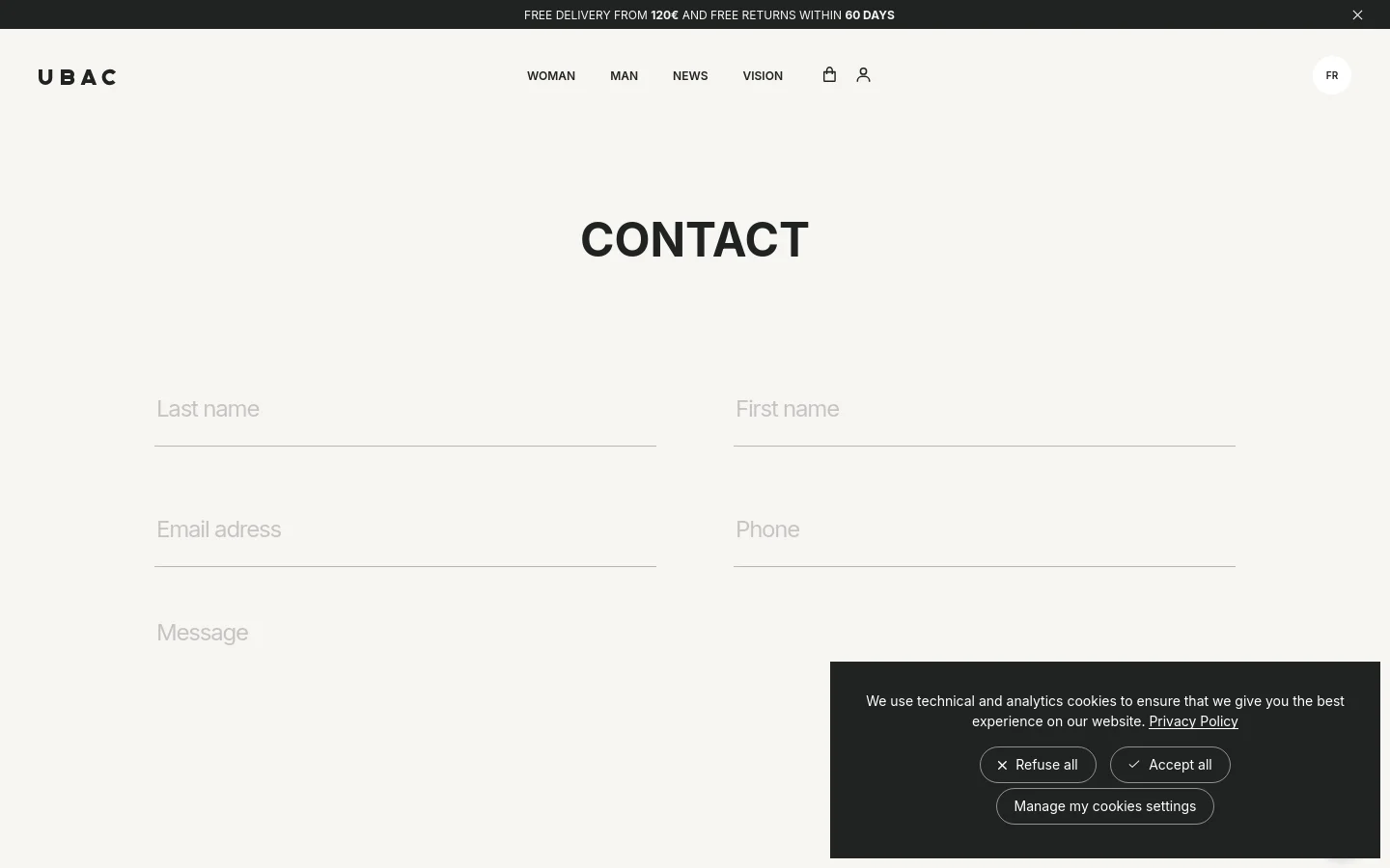 The desktop Contact page features a minimalist white layout with a large centered 'CONTACT' headline. Below the headline is a two-column contact form with fields for Last name, First name, Email adress, Phone, and Message. The top navigation includes the UBAC logo, categories like WOMAN and MAN, and utility icons for shopping and account.