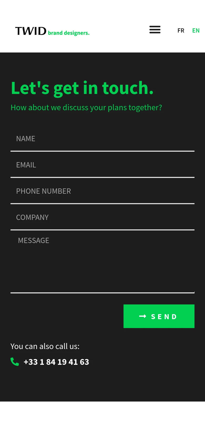 The mobile version simplifies the layout, replacing the desktop navigation bar with a hamburger menu icon. The dark contact section remains the primary focus, with the green headline and contact form fields stacked vertically for easy scrolling on a smaller screen. The bright green 'SEND' button and contact phone number are prominently displayed at the bottom of the view.