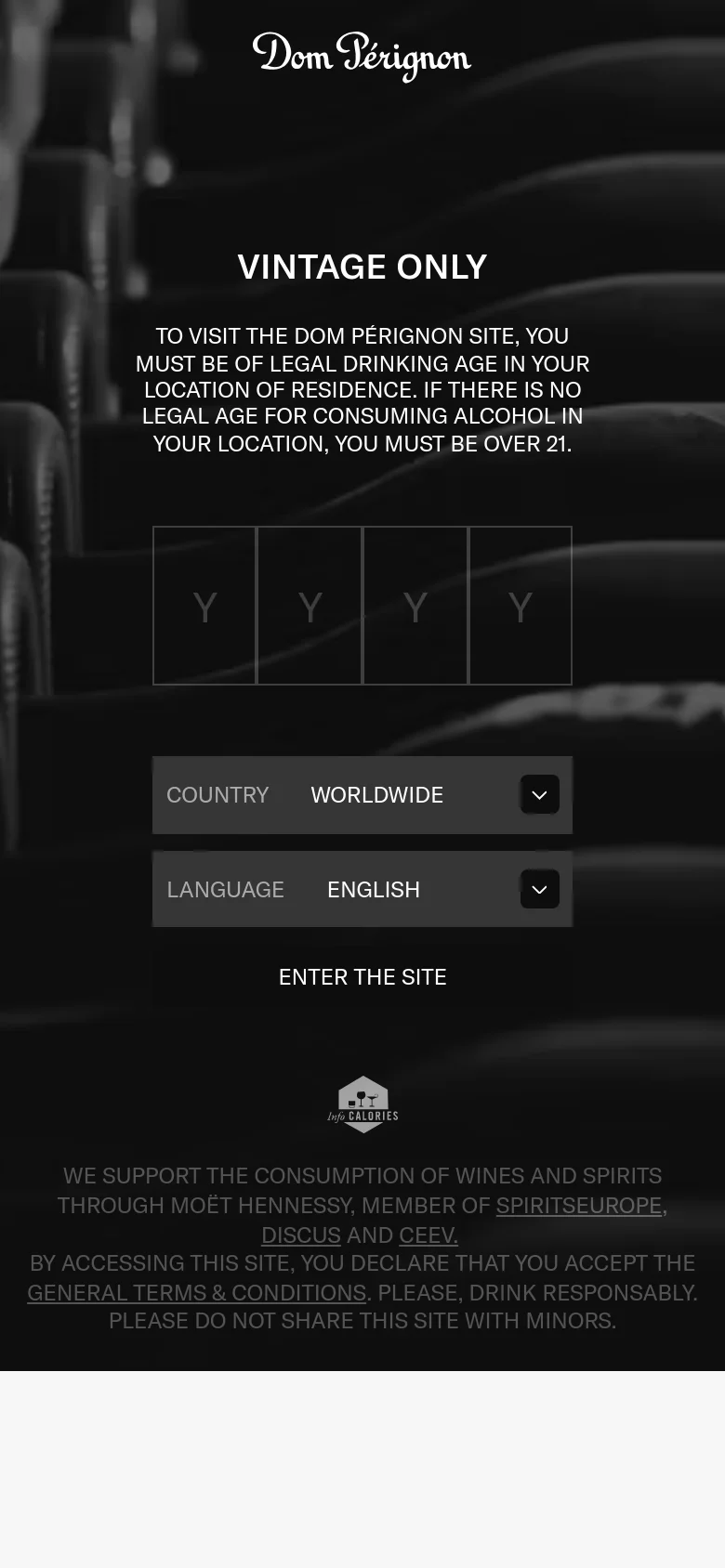 The mobile version maintains the dark, monochromatic aesthetic of stacked bottles but uses a vertical layout. The age verification text, dropdown menus for country and language, and the 'ENTER THE SITE' button are stacked centrally for easier scrolling on a smaller screen.