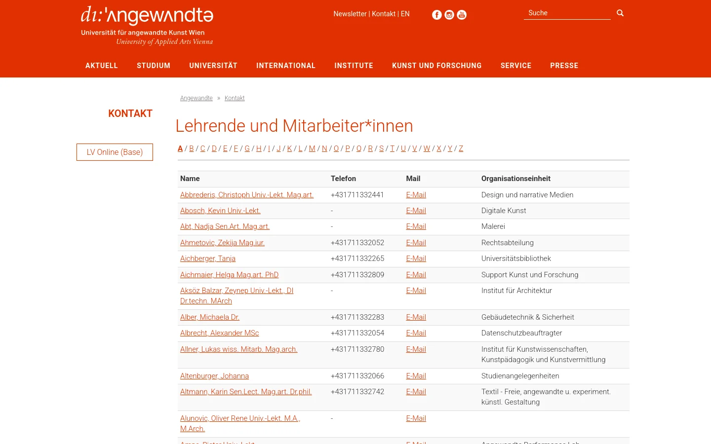 The desktop version of the contact page features a white background with an orange header containing the university logo and navigation menu. The main content displays the headline 'Lehrende und Mitarbeiter*innen' followed by an alphabetical index and a large table listing names, telephone numbers, emails, and organizational units.