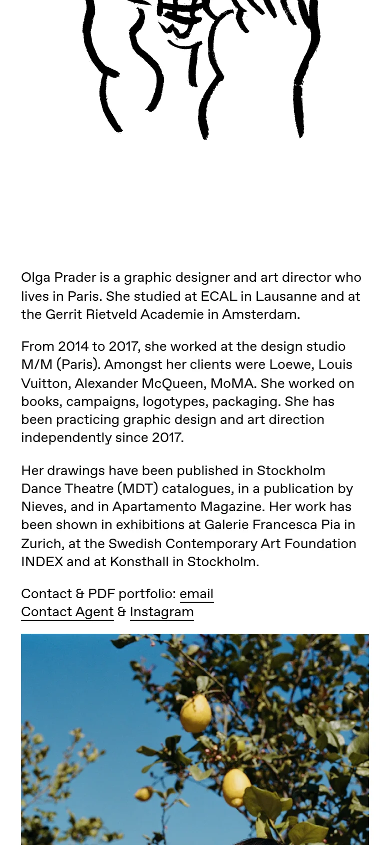 The mobile version presents a single-column vertical layout, stacking the portfolio images and biographical text for easier scrolling. The text remains legible, and the contact links are positioned clearly at the bottom of the text section.