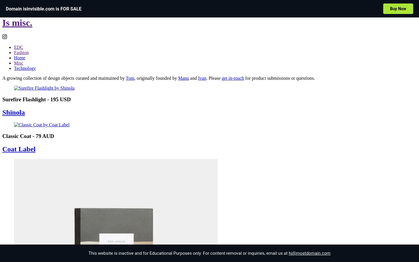 The desktop page features a minimalist white layout with a dark top banner containing a 'Buy Now' button. A vertical list of design objects includes large product images, headlines with prices, and brand names, such as a Shinola flashlight and a Coat Label coat. Navigation links for EDC, Fashion, Home, Misc, and Technology are listed at the top left.
