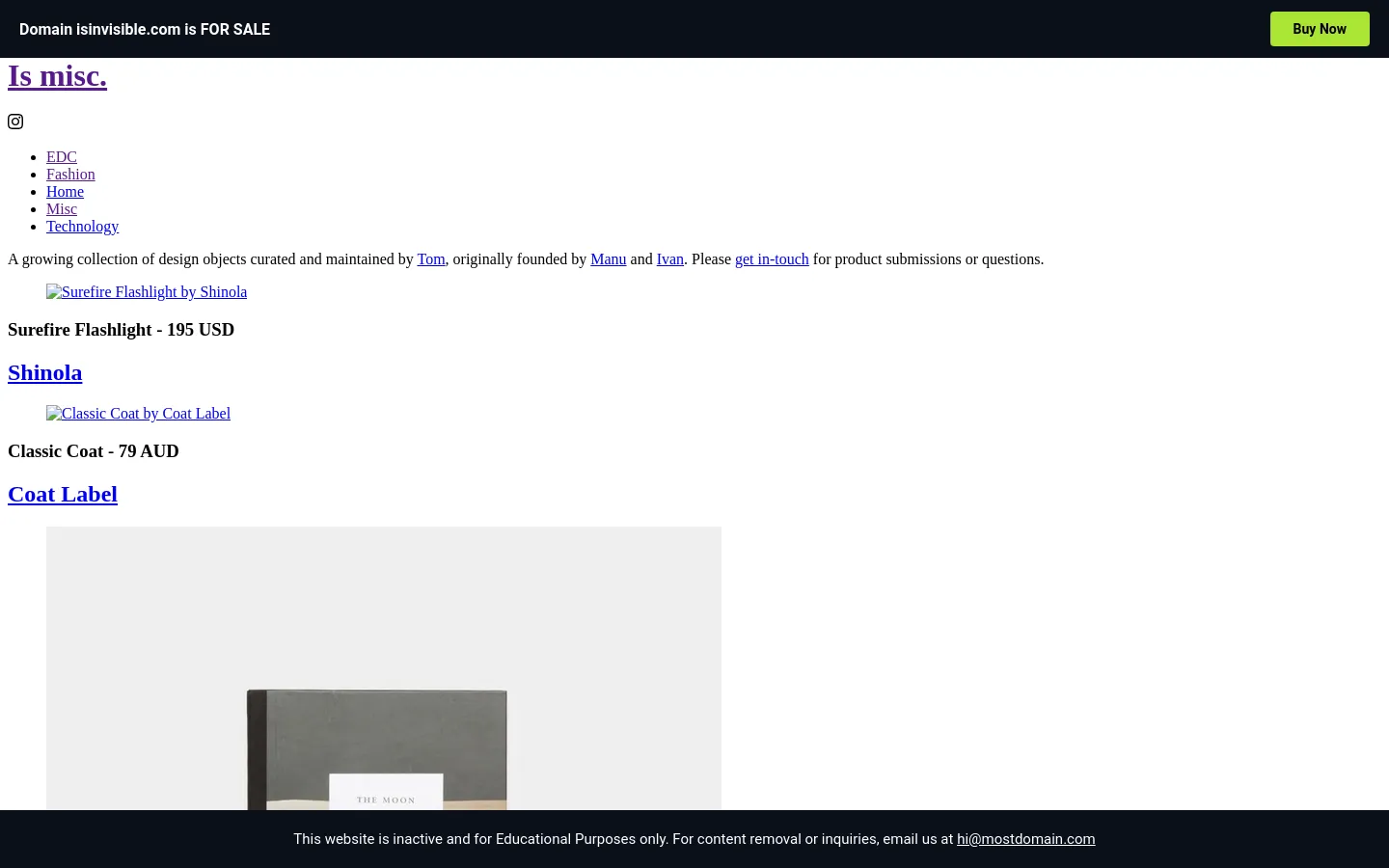 The desktop page features a minimalist white layout with a dark top banner containing a 'Buy Now' button. A vertical list of design objects includes large product images, headlines with prices, and brand names, such as a Shinola flashlight and a Coat Label coat. Navigation links for EDC, Fashion, Home, Misc, and Technology are listed at the top left.