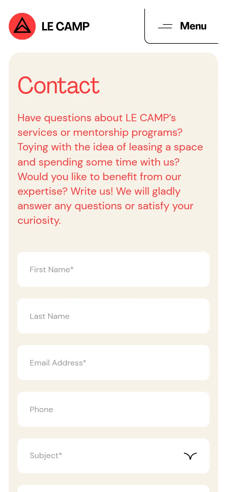 The mobile version presents a single-column vertical layout on a light beige background. The red 'Contact' headline and introductory text appear at the top, followed by the contact form fields stacked vertically, ensuring readability on smaller screens.