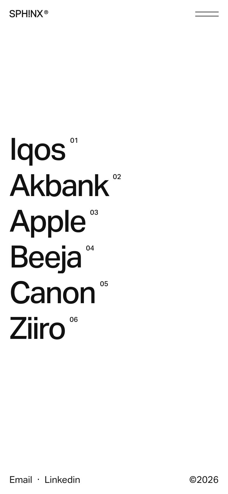The mobile version maintains the minimalist white and black aesthetic but uses a vertical stack for the project list. The navigation is condensed into a hamburger menu icon at the top right, and the large typography for project names like Iqos and Akbank scales to fit the narrower screen width.