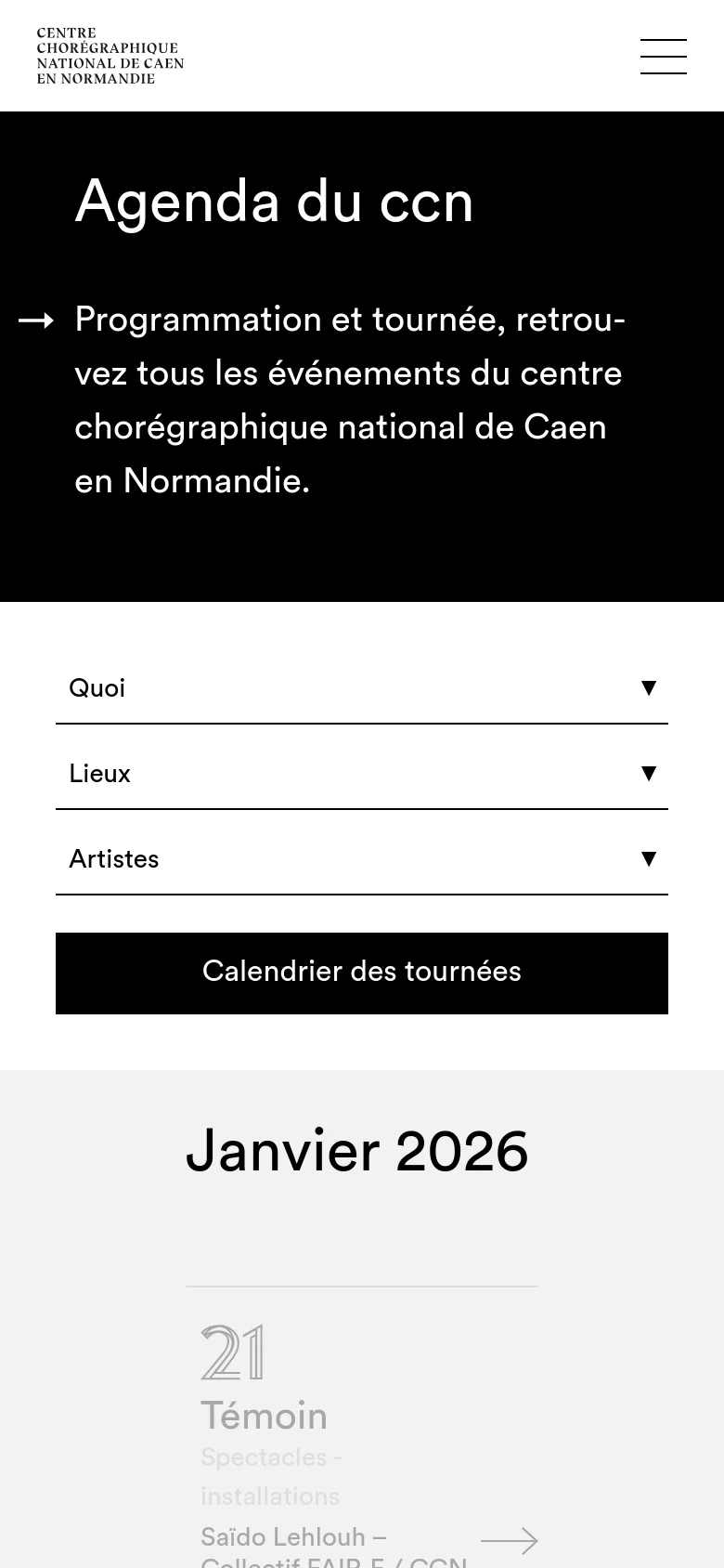 The mobile version uses a vertical stack layout, beginning with a large black hero section containing the page title and description. The filter dropdowns and the 'Calendrier des tournées' button are stacked vertically for easier tapping. The event list follows below, maintaining the large, light gray date typography seen on the desktop version.