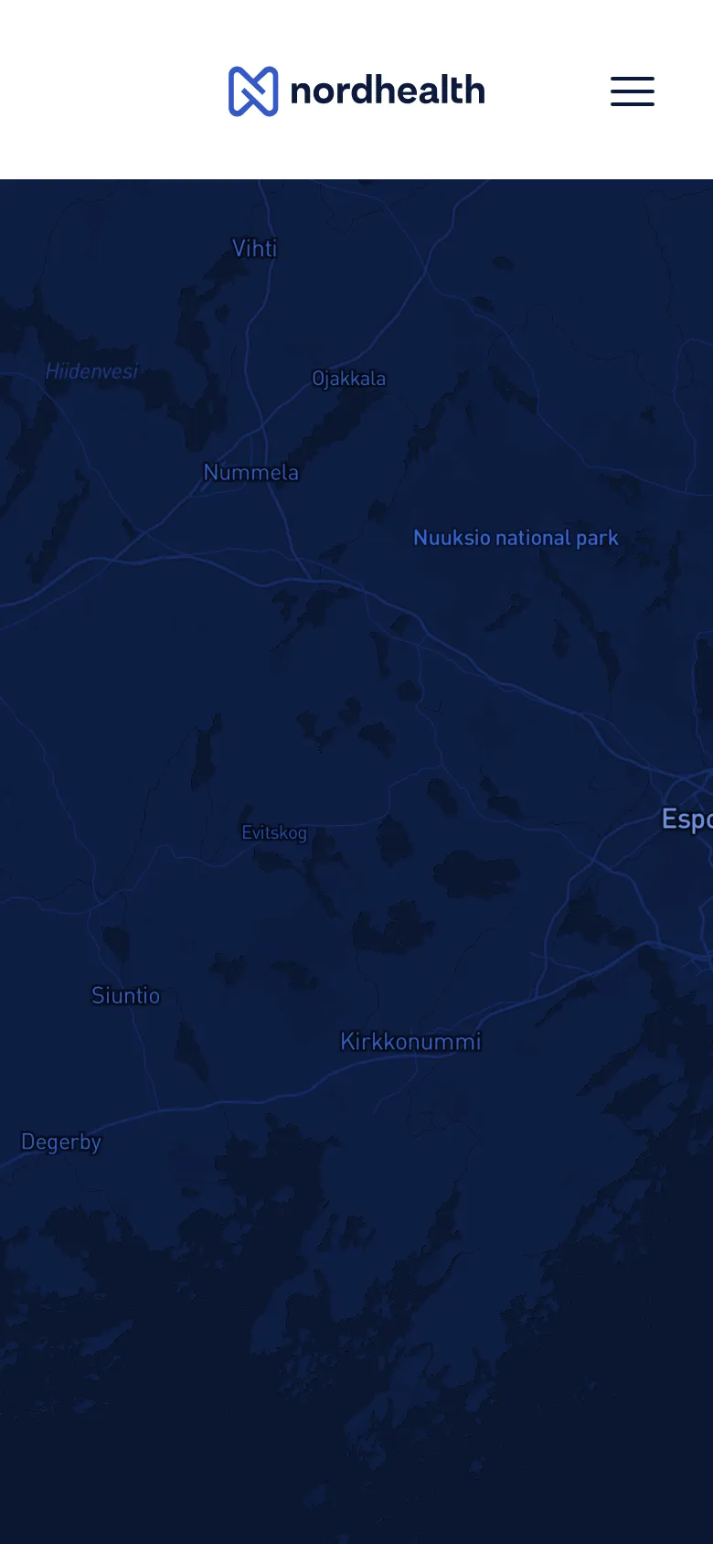 The mobile version maintains the dark blue map background but simplifies the layout. The header features the Nordhealth logo and a hamburger menu icon for navigation, while the contact information is positioned below the header area.
