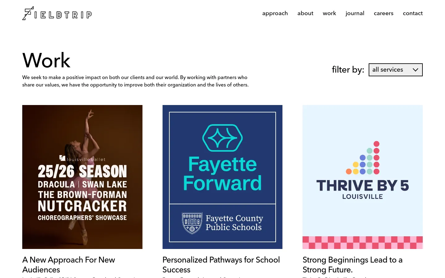 The desktop page features a minimalist white background with a top navigation menu and a large 'Work' headline. Below a brief introductory paragraph, a 'filter by:' dropdown menu sits to the right of a grid of project cards, each showcasing colorful imagery and descriptive titles.