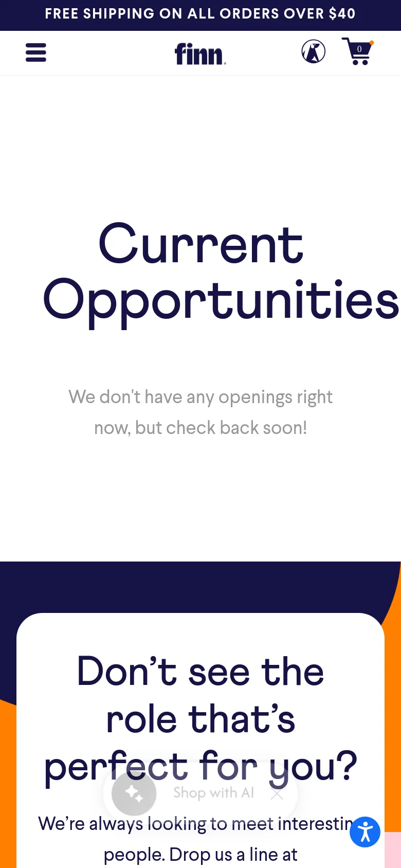 The mobile version simplifies the layout, centering the 'Current Opportunities' headline and subtext on a white background. The header contains a hamburger menu icon, the Finn logo, a profile icon, and a shopping cart icon. The bottom section shows a large white card with dark text over a vibrant orange and navy background.