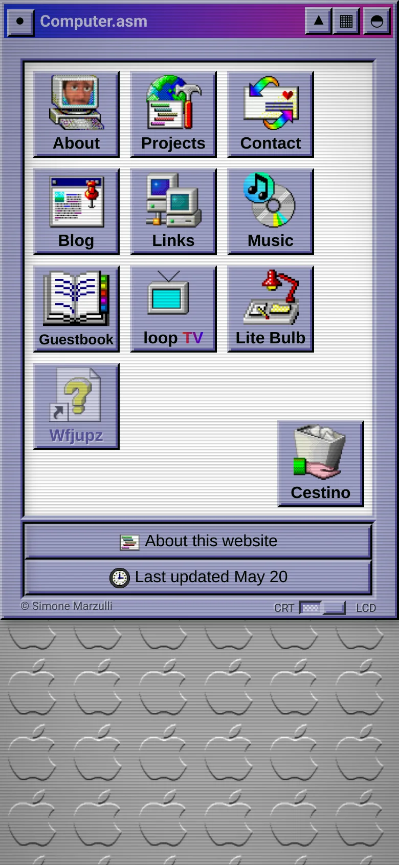 The mobile view maintains the retro operating system aesthetic, showing the 'Computer.asm' window with large, touch-friendly icon buttons arranged in a grid. The layout is vertically stacked, and the terminal boot sequence text is condensed to fit the narrower screen width.