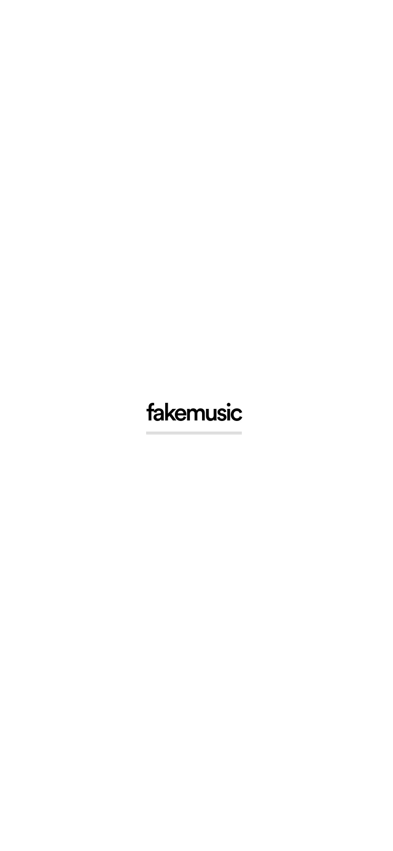 The mobile version maintains the minimalist white aesthetic with the 'fakemusic' logo centered in bold black text. The layout is simplified into a single vertical column, focusing entirely on the central brand name.