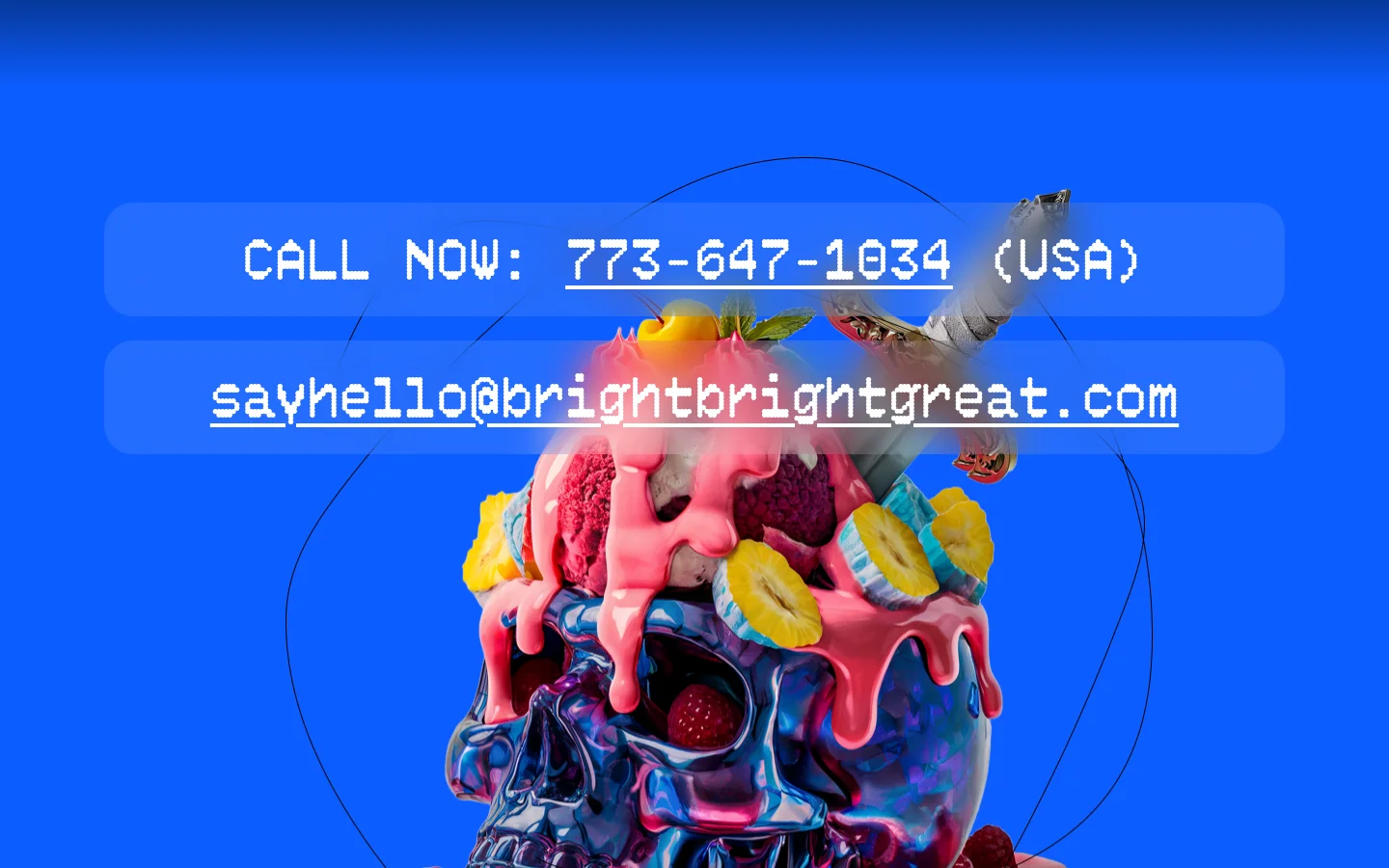 The Contact page features a vibrant blue background with a large, surreal hero image of a melting pink dessert skull topped with fruit. Large pixelated text buttons display the phone number and email address. Below the hero section, an 'Open Positions' section lists job opportunities in a clean, white-on-blue text layout.
