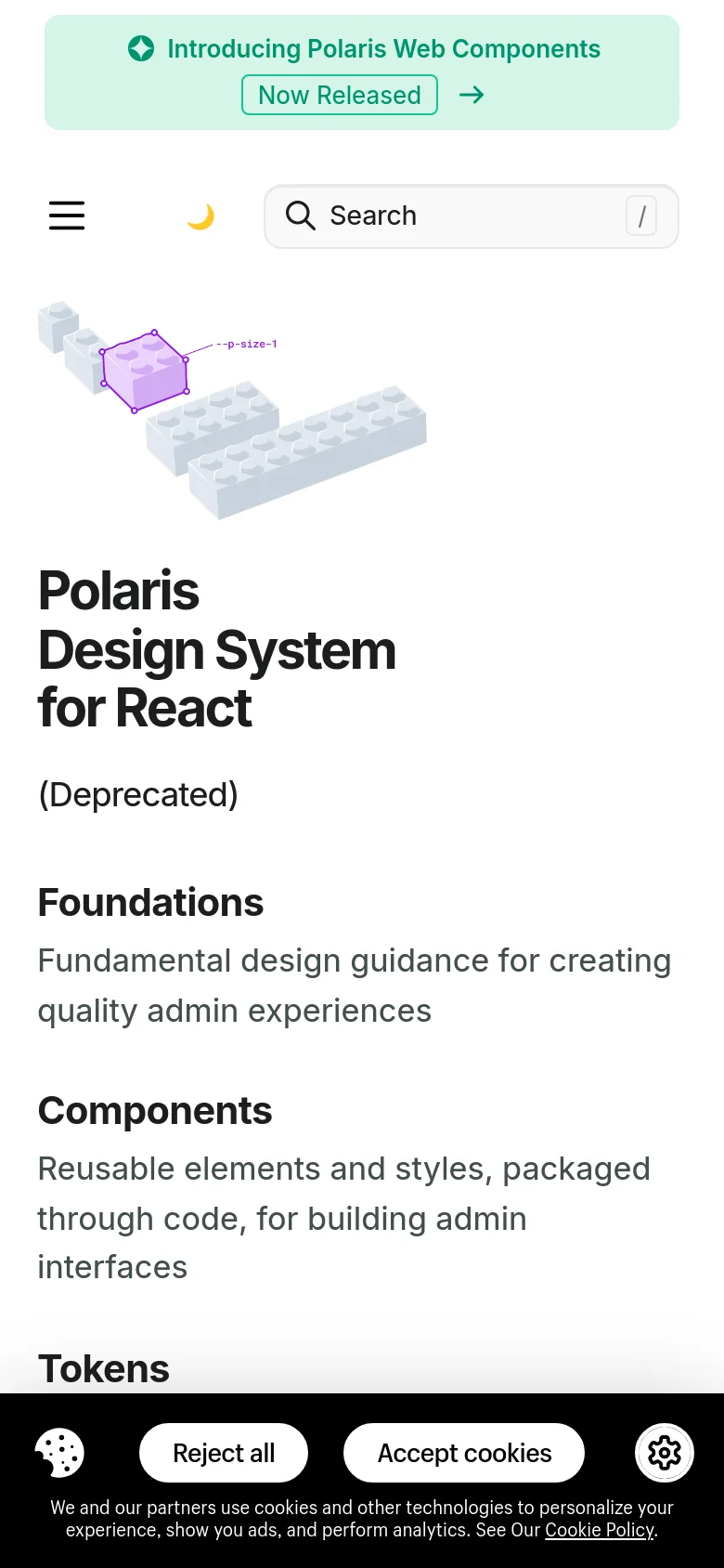 The mobile version simplifies the layout into a single-column view, moving the sidebar navigation into a hamburger menu icon at the top left. The hero section features the same 3D block illustration and large headline, but the content cards for Foundations, Components, Tokens, and Icons are stacked vertically for easier scrolling.