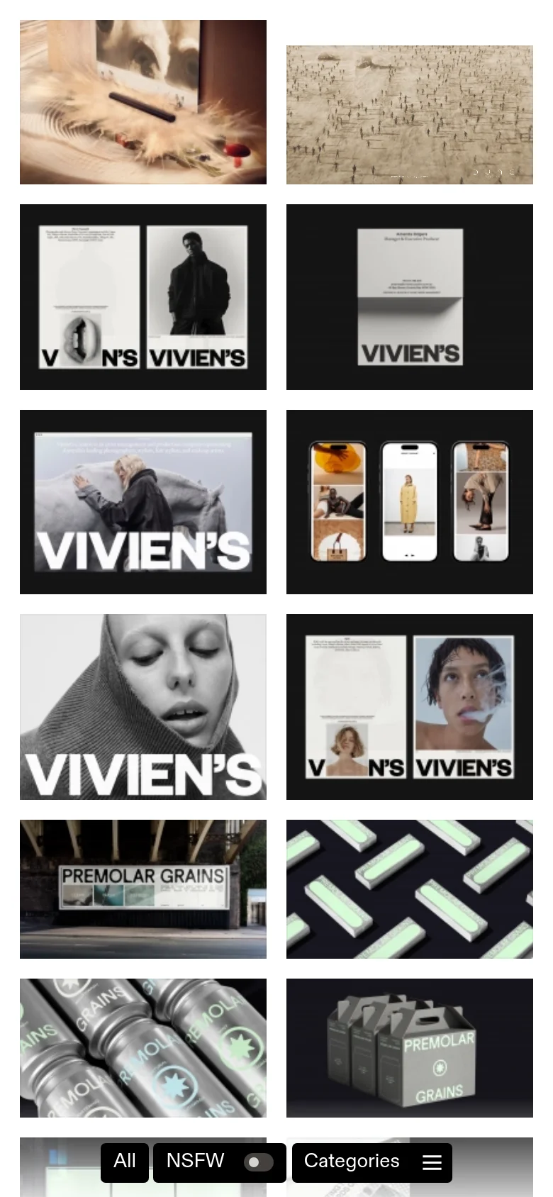 The mobile view shows a single-column vertical scroll of the brand inspiration images. The category sidebar is hidden, replaced by a bottom navigation bar with 'All', 'NSFW' toggle, and a 'Categories' menu button. The layout is simplified to focus on large, full-width image tiles.