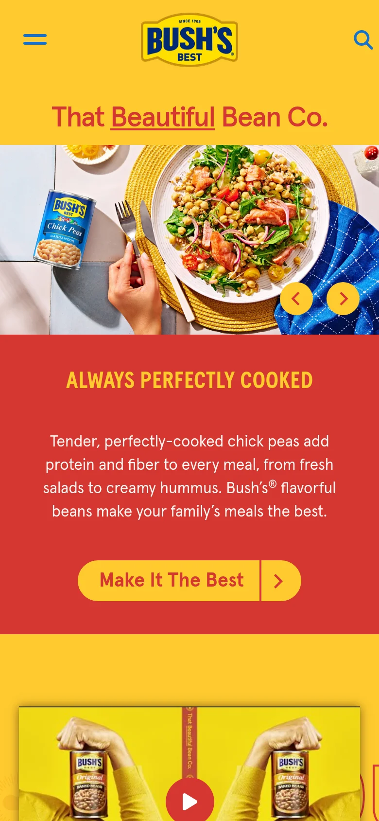 The mobile version uses a simplified layout with a hamburger menu and search icon on a yellow background. The hero section features the same salmon salad imagery and 'That Beautiful Bean Co.' headline, but the red call-to-action box is stacked vertically below the image, and navigation arrows are positioned over the hero image.