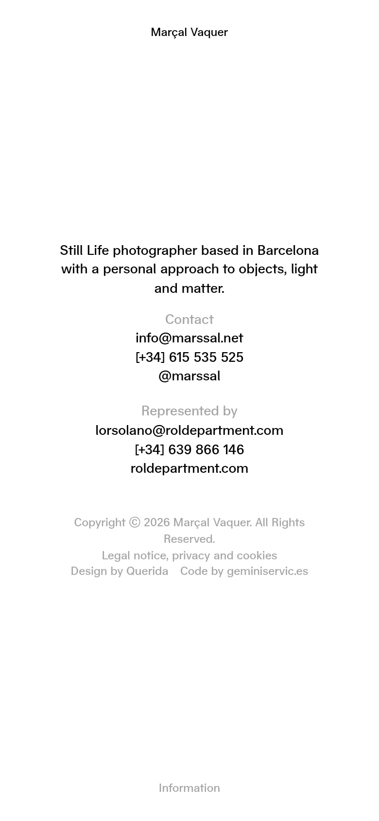 The mobile version presents a single-column vertical layout on a white background. The text is centered, stacking the bio, contact information, representation details, and client list sequentially for easier scrolling.