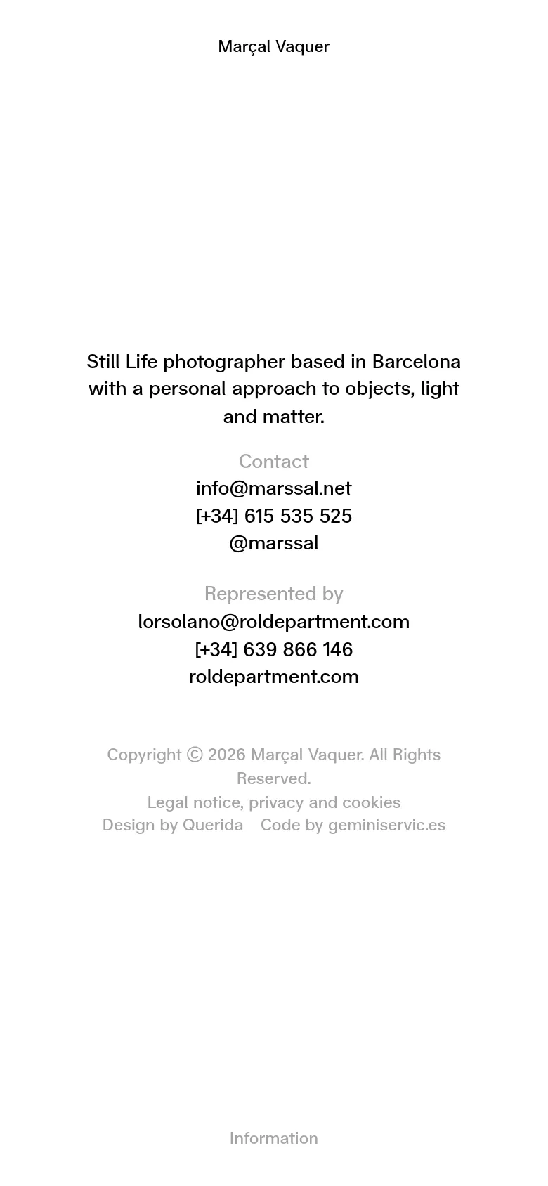 The mobile version presents a single-column vertical layout on a white background. The text is centered, stacking the bio, contact information, representation details, and client list sequentially for easier scrolling.