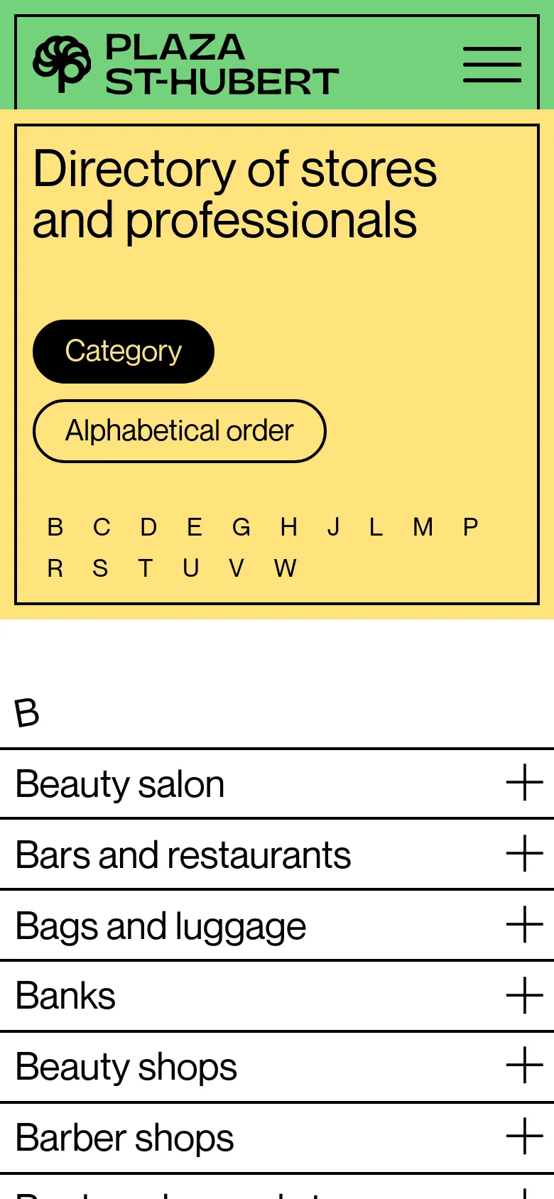 The mobile version uses a vertical stack layout with a green header containing the Plaza St-Hubert logo and a hamburger menu icon. The yellow hero section spans the full width, presenting the directory title and sorting buttons prominently above the alphabetical navigation. The business categories are listed as full-width expandable rows with plus icons for easy tapping on a smaller screen.