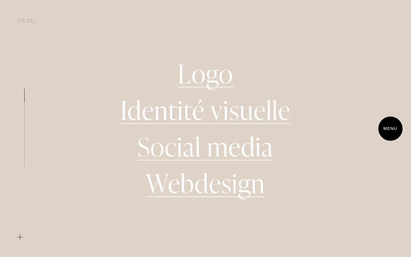 The desktop page features a minimalist design with a beige background and white serif typography. Large centered headings list services: Logo, Identité visuelle, Social media, and Webdesign, with a black circular 'MENU' button on the right and a small 'mona' logo in the top left.