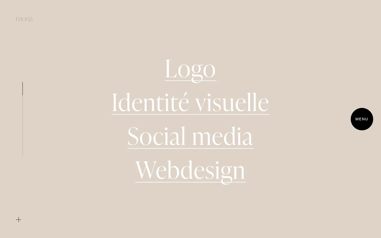 The desktop page features a minimalist design with a beige background and white serif typography. Large centered headings list services: Logo, Identité visuelle, Social media, and Webdesign, with a black circular 'MENU' button on the right and a small 'mona' logo in the top left.