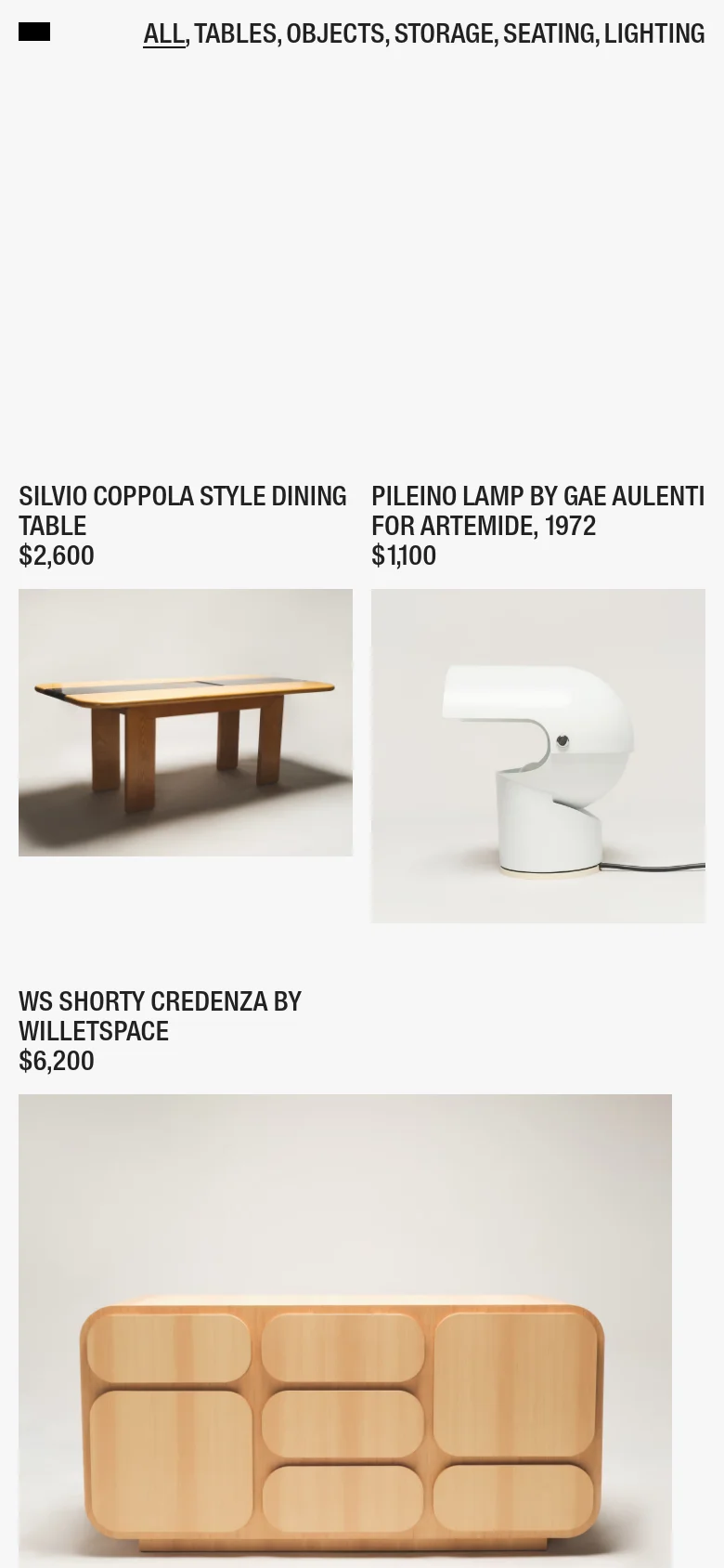 The mobile version maintains the minimalist aesthetic but shifts to a single-column vertical layout for easier scrolling. The navigation links and category filters are stacked or condensed, and product images, names, and prices appear in a large, vertical sequence rather than a multi-column grid.
