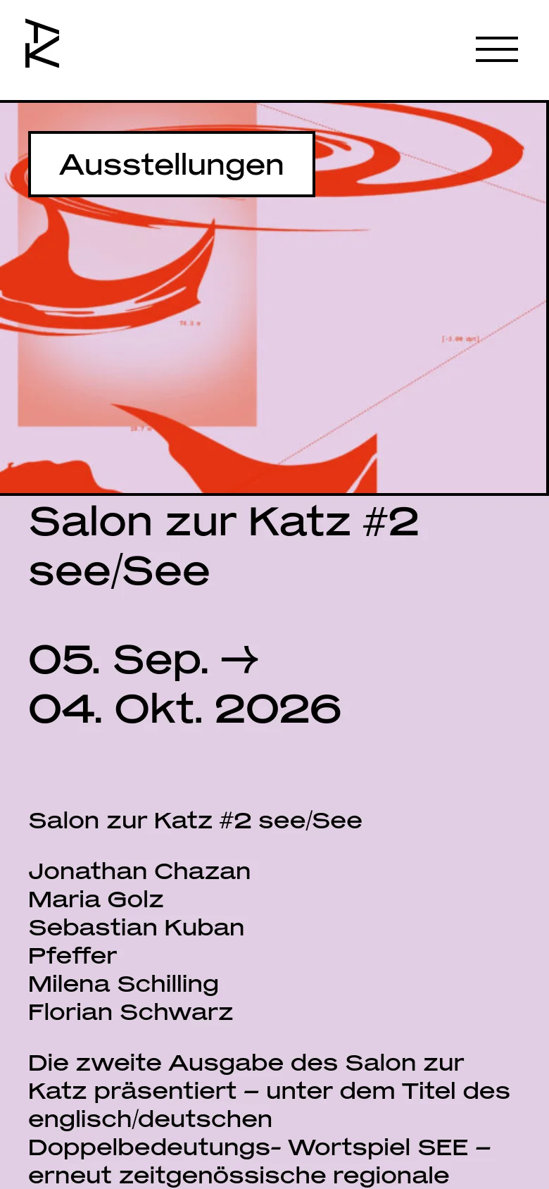 The mobile version presents a stacked layout, starting with a large hero image of the red abstract swirl on a pink background. Below the image, the exhibition title, dates, and artist list are displayed in a single vertical column of dark text on a light background. The navigation menu remains a simple hamburger icon at the top right.