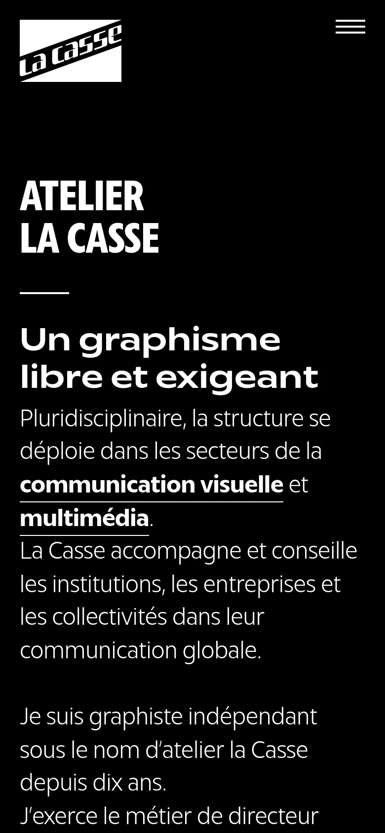 The mobile version maintains the high-contrast black and white color scheme but adopts a single-column vertical layout. The brand logo is at the top left, and the navigation menu is condensed into a hamburger icon at the top right. The large headline and body text are stacked vertically to fit the narrower screen width.
