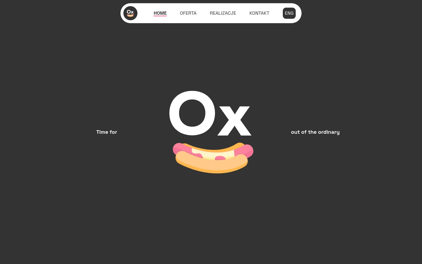 The desktop homepage features a dark gray background with a minimalist hero section centered around the large white text 'Ox' and a stylized hot dog illustration. A floating white navigation bar at the top contains links for Home, Oferta, Realizacje, Kontakt, and an English language toggle. The layout is spacious and centered, emphasizing the brand's playful visual identity.