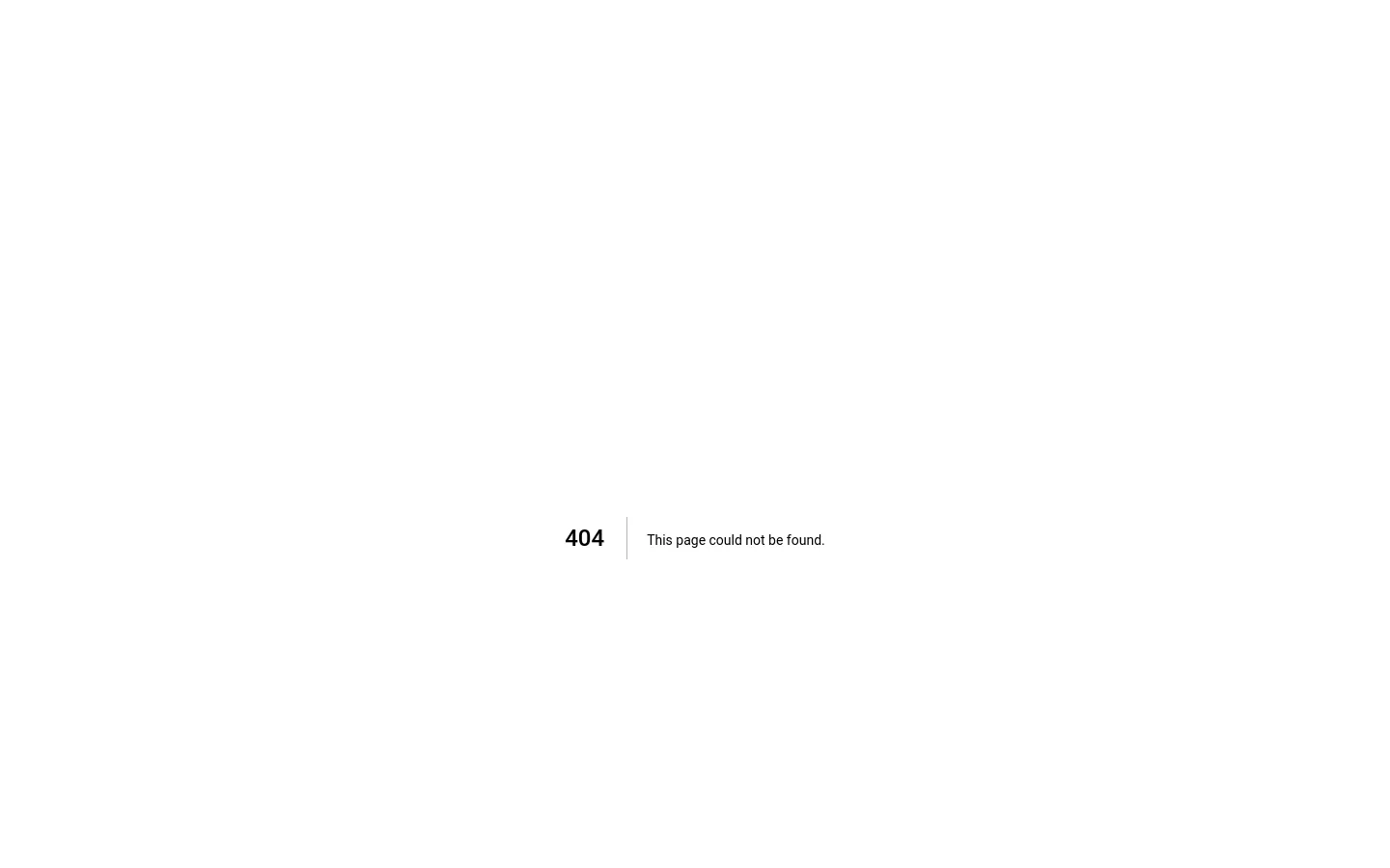A minimalist 404 error page on a white background. The large black text '404' is positioned on the left, separated by a thin vertical line from the message 'This page could not be found.'