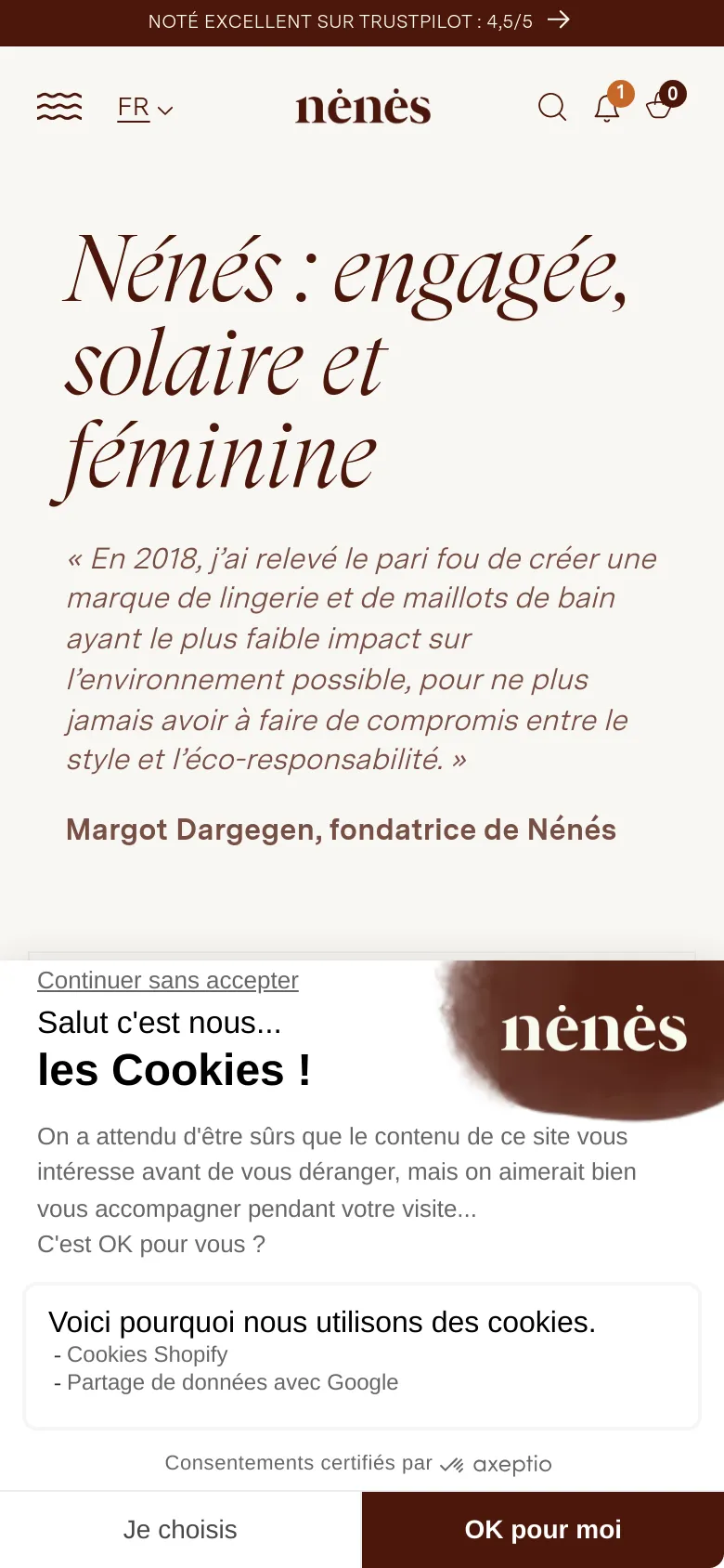 The mobile version presents a single-column vertical layout optimized for small screens, with the large serif headline and brand quote dominating the top. The navigation menu is condensed, and the three informational sections follow in a stacked format, each using full-width images to maintain visual impact.