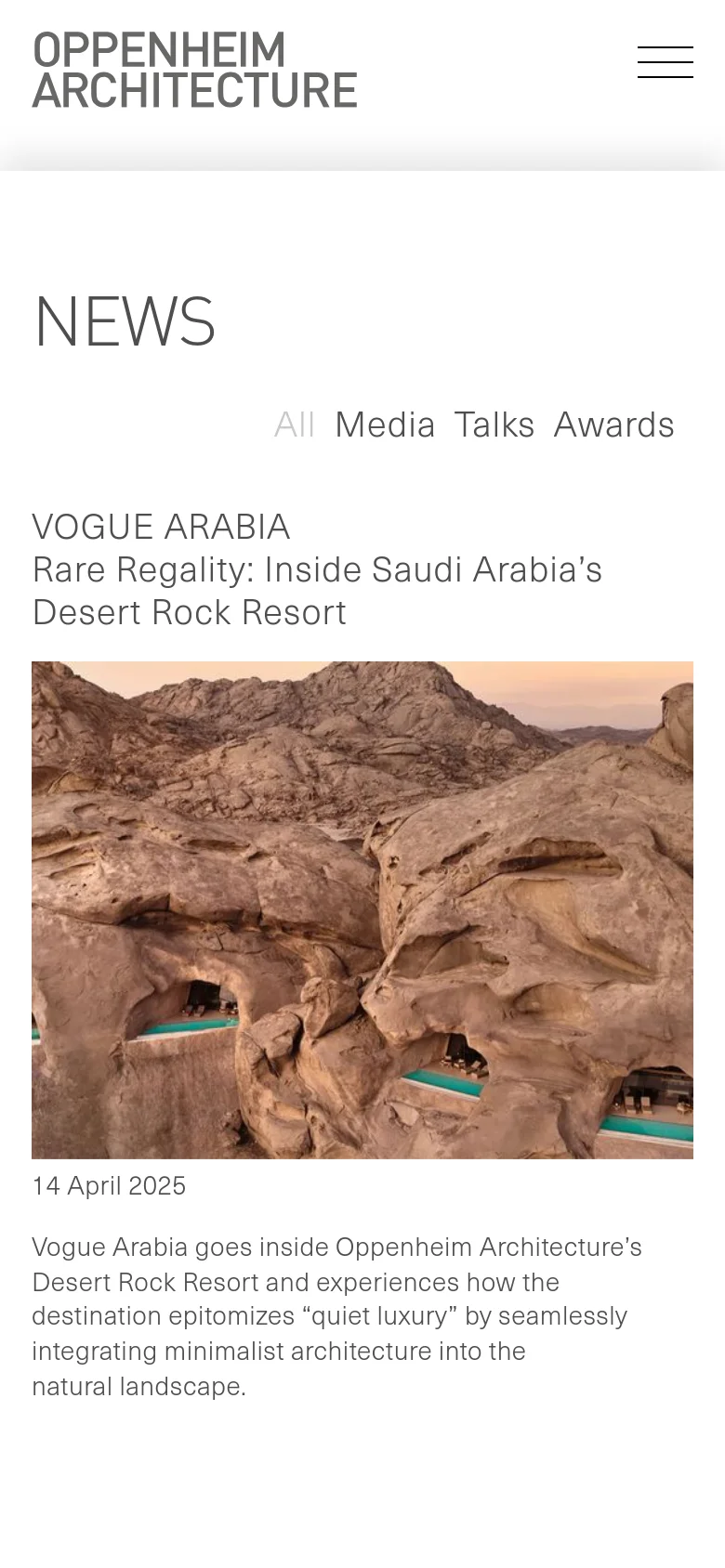 The mobile version presents a simplified vertical layout with a hamburger menu icon in the top right. The 'NEWS' heading is prominent, followed by the category filter and a single-column feed of news items, featuring large imagery and text for easier scrolling on smaller screens.