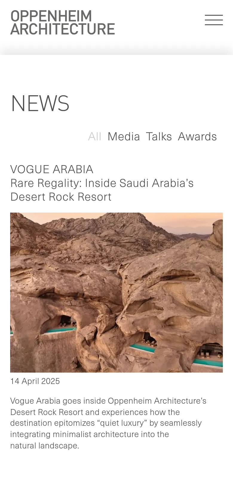 The mobile version presents a simplified vertical layout with a hamburger menu icon in the top right. The 'NEWS' heading is prominent, followed by the category filter and a single-column feed of news items, featuring large imagery and text for easier scrolling on smaller screens.
