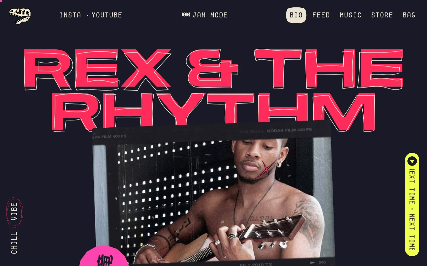 Desktop homepage for Rex & The Rhythm featuring a dark background with large, pink stylized text. A central photograph shows a shirtless man playing a guitar, surrounded by navigation links like Bio, Feed, and Music, and social media icons. Floating pill-shaped buttons for 'Chill' and 'Vibe' appear on the left side.