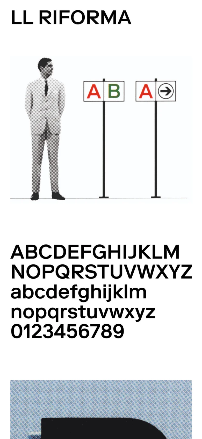 The mobile version presents a vertically stacked layout optimized for small screens. The large 'LL RIFORMA' headline and halftone imagery appear at the top, followed by the alphabet and number character sets in a single column, removing the side-by-side sidebar layout seen on desktop.
