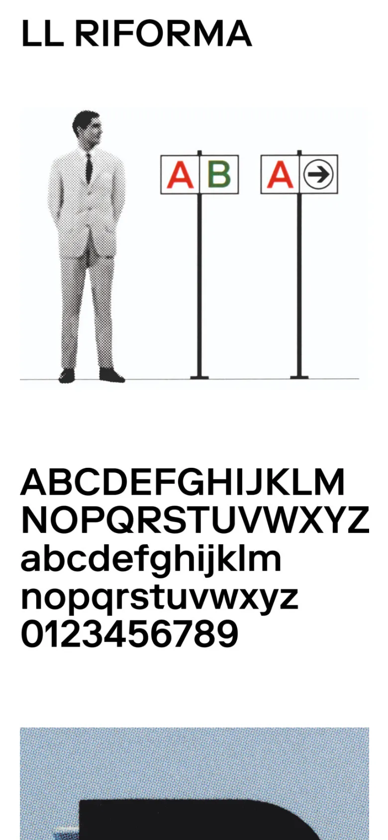 The mobile version presents a vertically stacked layout optimized for small screens. The large 'LL RIFORMA' headline and halftone imagery appear at the top, followed by the alphabet and number character sets in a single column, removing the side-by-side sidebar layout seen on desktop.