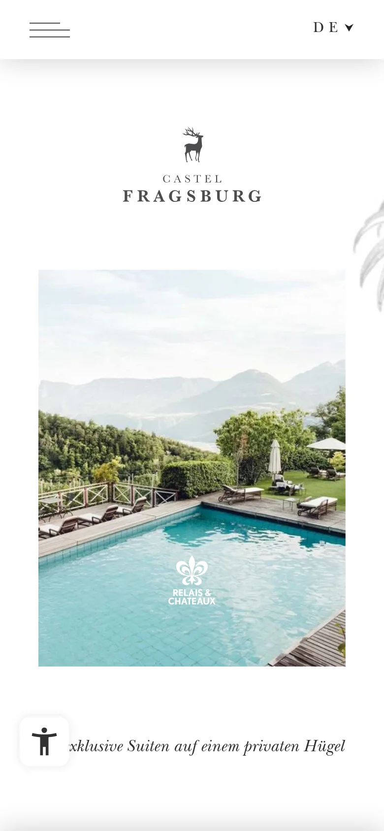 The mobile version shows a simplified view with a large central image of the pool and mountains. The navigation is condensed into a hamburger menu icon on the top left, the language selector is on the top right, and the hotel logo is centered above the main image.