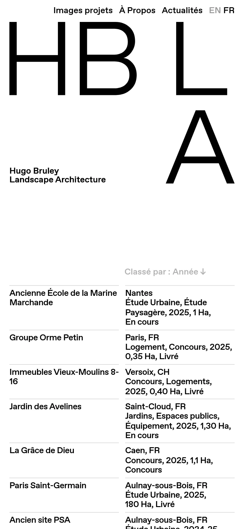 The mobile version maintains the minimalist white and black aesthetic but simplifies the layout. The large brand typography dominates the top, and the project list is reflowed into a more compact, single-column text format for easier vertical scrolling on smaller screens.