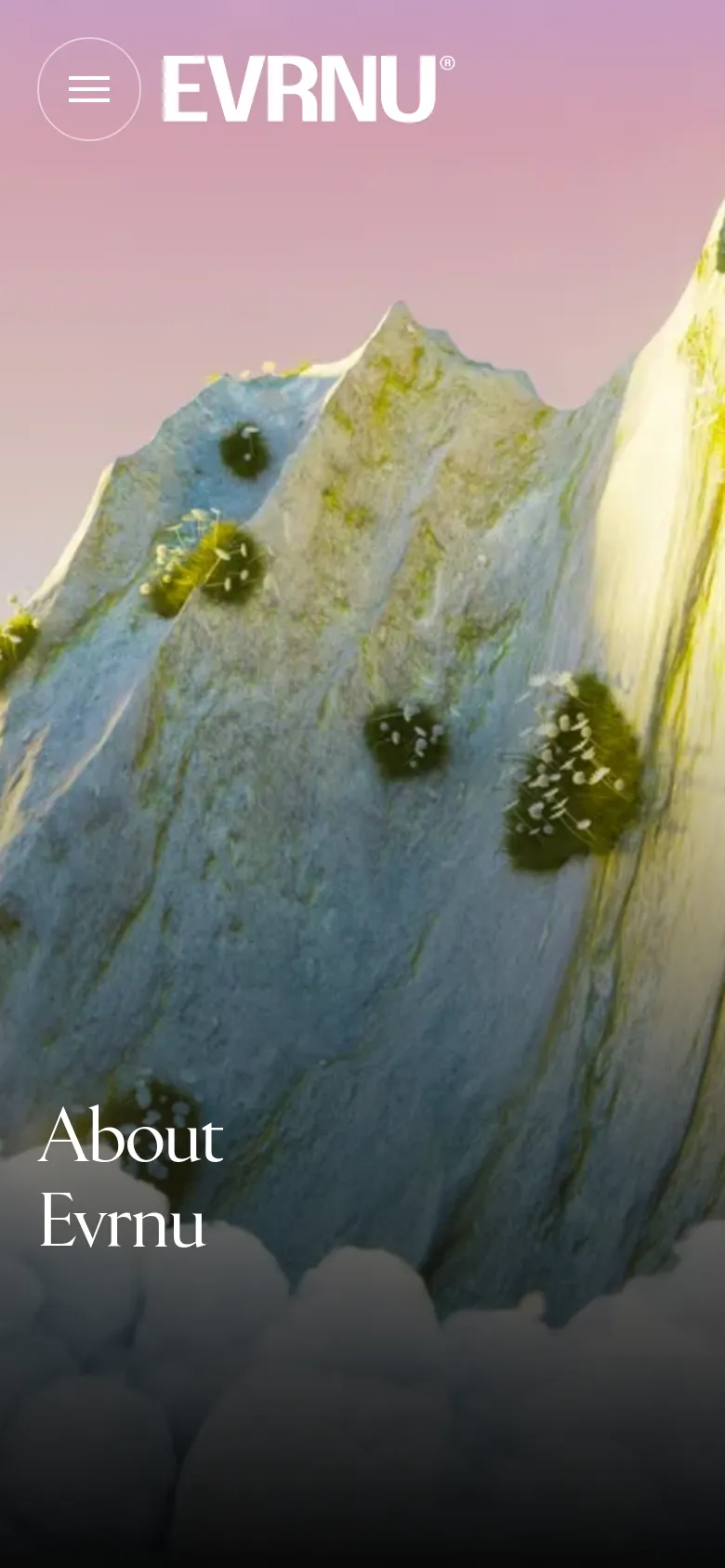 The mobile version presents a vertically stacked, single-column layout optimized for small screens. The hero image of the mossy mountain is cropped more tightly to emphasize the peak, and the navigation is condensed into a hamburger menu icon in the top left corner. The text remains legible with large headings, maintaining the brand's clean and airy visual style.