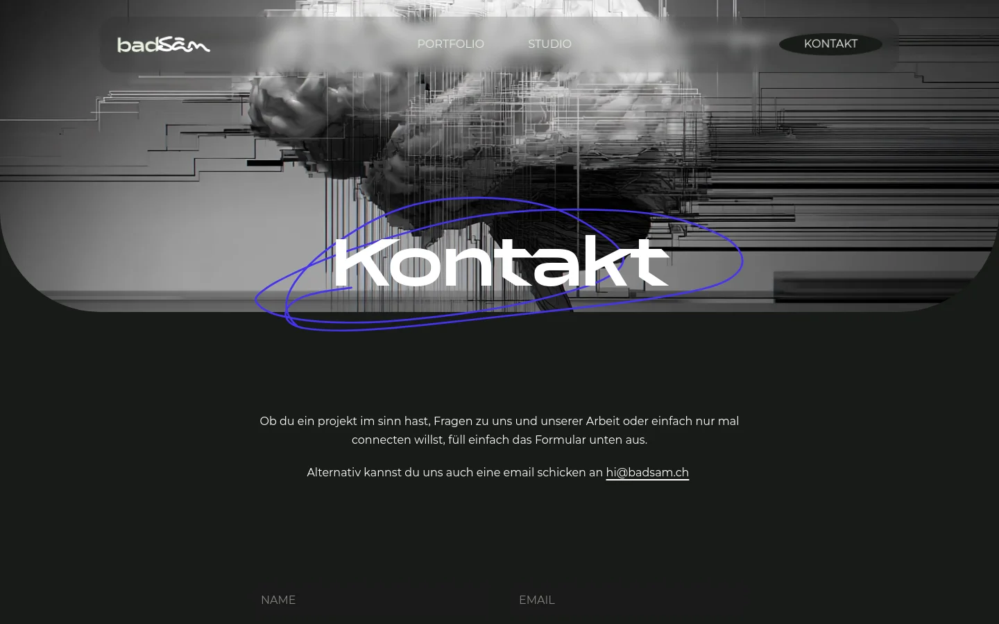 The desktop contact page features a dark, minimalist design with a large hero image of a grayscale brain overlaid with technical line art and blue circular strokes. A large white headline reads 'Kontakt' in the center, with a navigation bar at the top containing the badsam logo and links for Portfolio, Studio, and Kontakt. Below the hero section, centered white text invites users to fill out a form or email hi@badsam.ch.