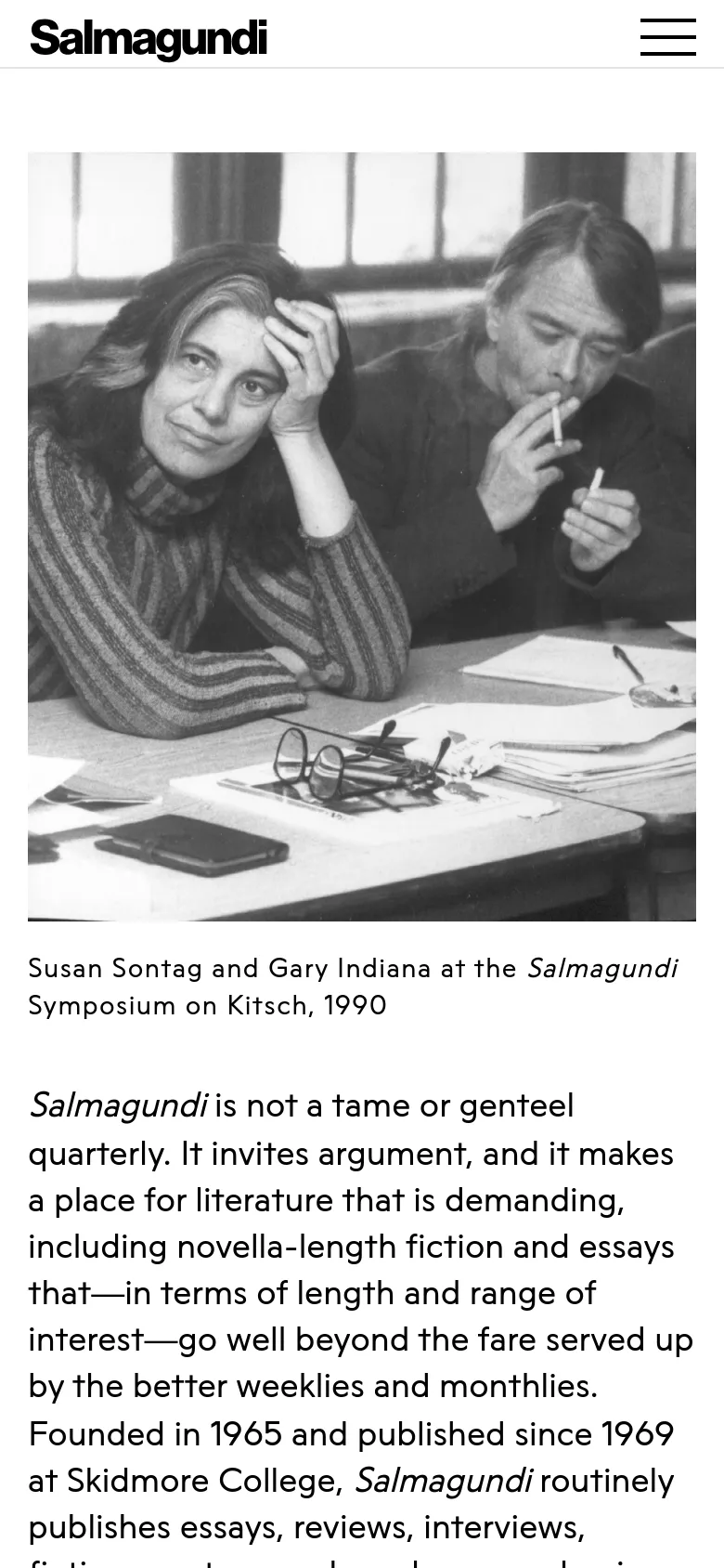 The mobile version simplifies the layout, placing the Salmagundi logo and a hamburger menu icon at the top. The black and white hero image of Susan Sontag and Gary Indiana spans the full width of the screen above the introductory text.