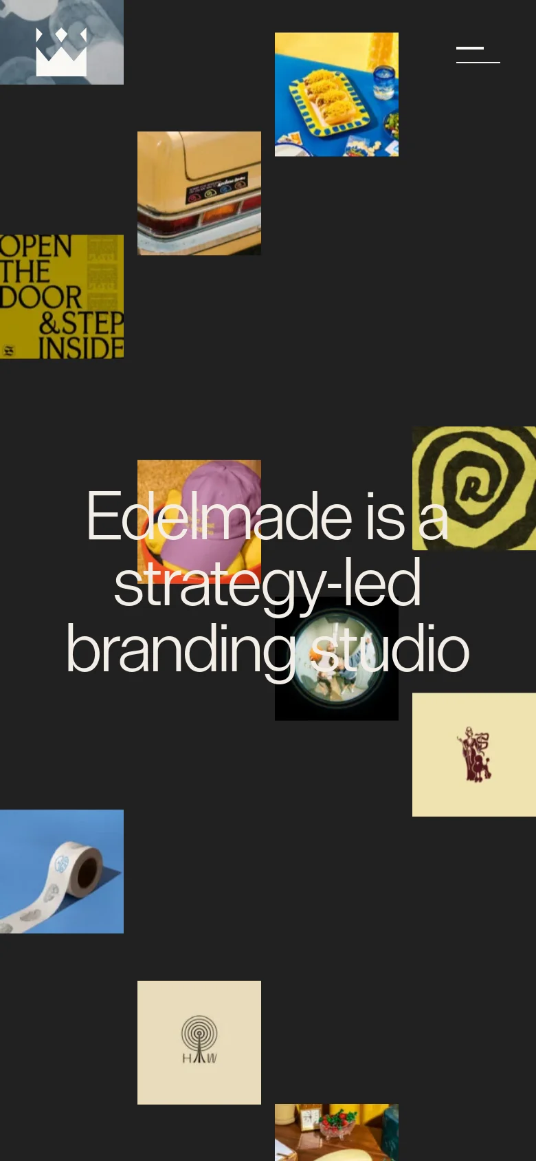 The mobile version presents a vertically stacked layout on a dark background, with the large white headline 'Edelmade is a strategy-led branding studio' positioned in the center. The scattered collage of colorful imagery from the desktop version is reorganized into a single-column flow to fit the narrow screen. The white logo and menu icon remain at the top of the viewport.