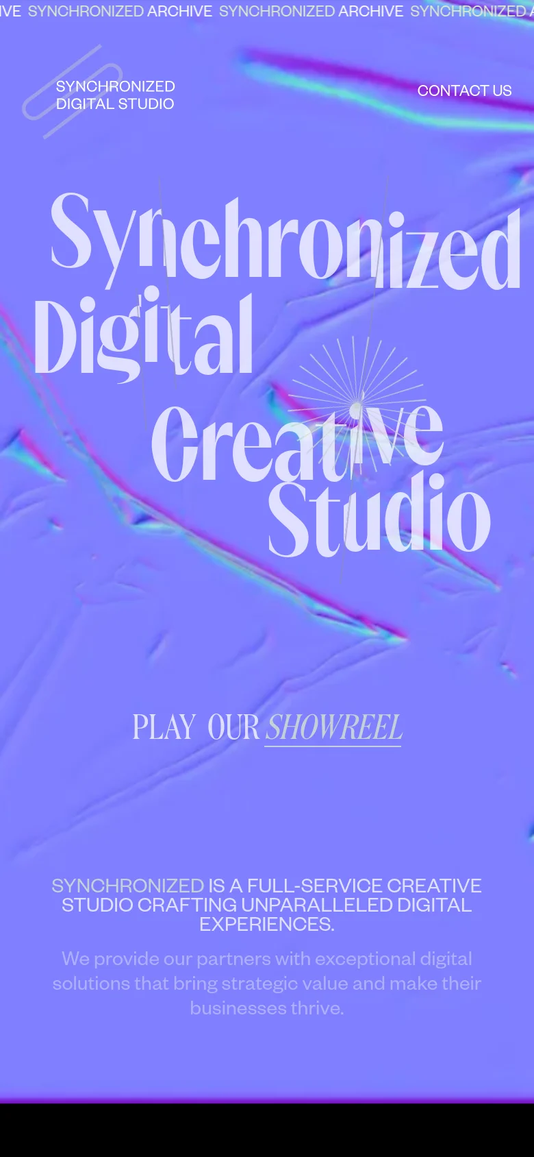 The mobile version maintains the iridescent purple fabric background and large white text, but the layout is vertically stacked to fit the narrower screen. The navigation menu is condensed, and the 'Play Our Showreel' link is centered below the main headline for easier access.