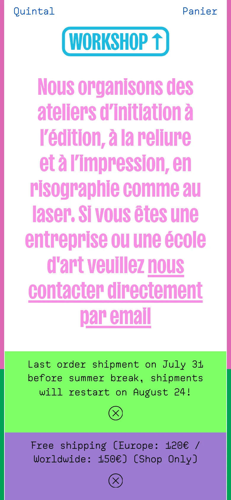 The mobile version maintains the pink and white color scheme but uses a single-column vertical layout. The text is centered and scaled for smaller screens, focusing on the workshop description and the primary call-to-action buttons. Large, full-width green and purple notification banners occupy the bottom of the viewport.