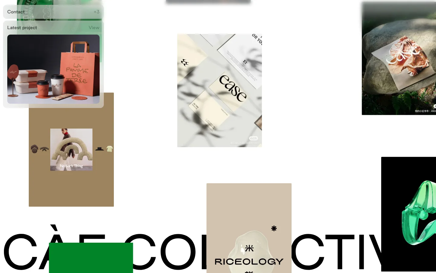 The CAE Collective homepage features a minimalist, high-fashion aesthetic with large, full-width imagery and bold black typography on neutral beige and white backgrounds. The layout consists of a series of oversized photographic tiles showcasing design projects, lifestyle imagery, and abstract textures. A large, stylized 'CÄE COLLECTIVE' heading anchors the bottom of the view.