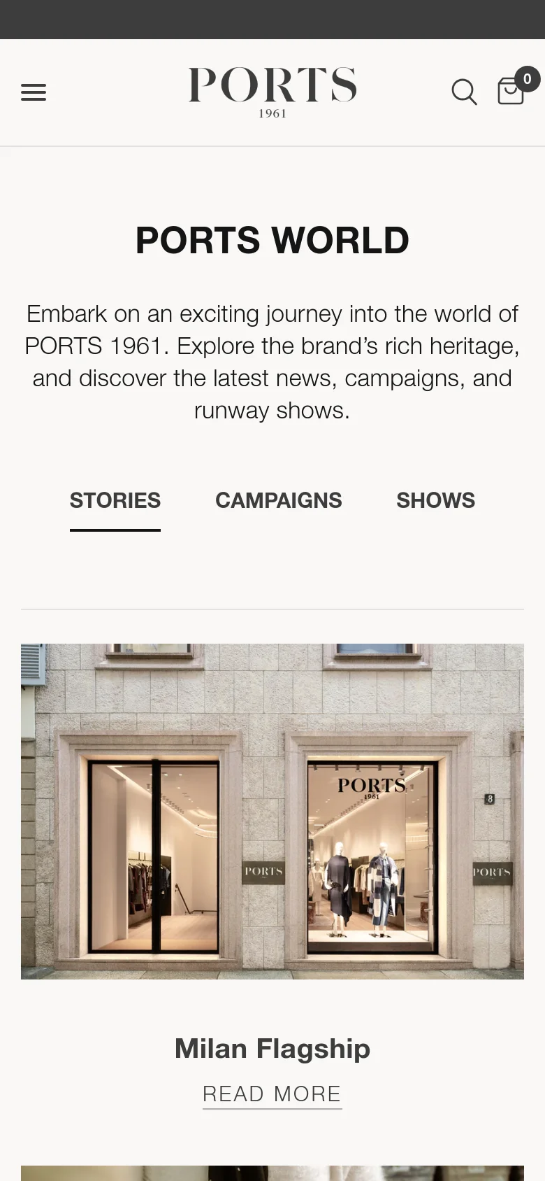 The mobile version presents a single-column vertical layout optimized for smaller screens. The header includes a hamburger menu, the PORTS 1961 logo, a search icon, and a shopping bag icon. The 'PORTS WORLD' heading and navigation links are centered, and the content grid transitions into a stacked format where images and text occupy the full width of the screen.