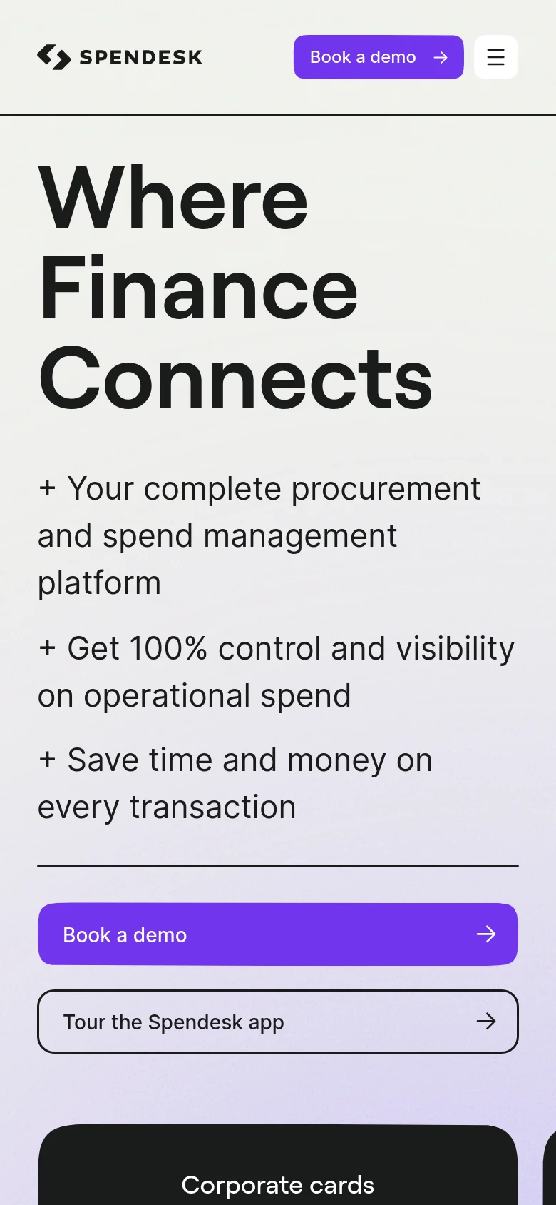 The mobile version presents a vertically stacked layout optimized for small screens. The 'Where Finance Connects' headline and bullet points are centered above large, full-width buttons for 'Book a demo' and 'Tour the Spendesk app'. The navigation is condensed into a hamburger menu at the top right next to the Spendesk logo.