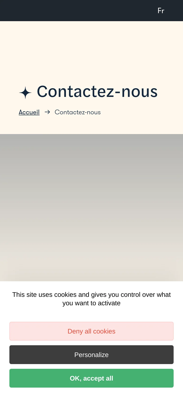 The mobile version simplifies the layout into a vertical stack, focusing on the large 'Contactez-nous' headline and star icons against a cream background. A cookie consent banner with 'Deny all cookies', 'Personalize', and 'OK, accept all' buttons occupies the bottom of the screen.